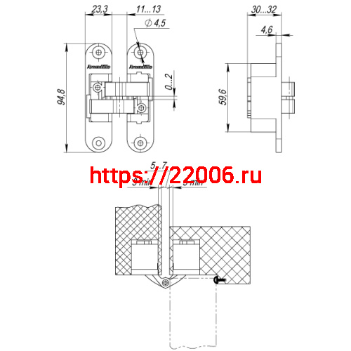 Петля Armadillo (Армадилло) скрытой установки U3D4200R SN правая (Architect 3D-ACH 40) мат. никель 40 кг фото 4