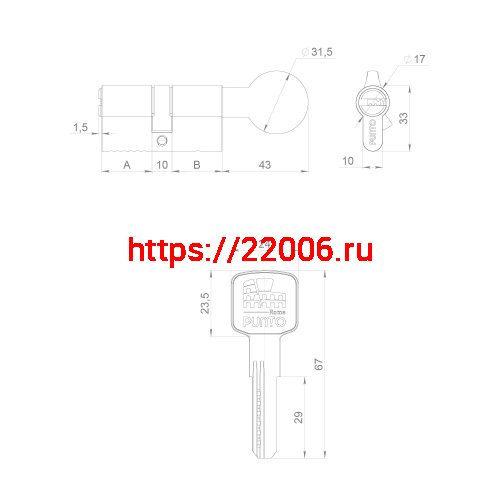 Цилиндровый Punto (Пунто) механизм Z3002Knob80(30+10+40) с вертушкой CP хром фото 3