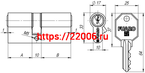 Цилиндровый Fuaro (Фуаро) механизм 100 CA 75 mm (30+10+35) CP хром 3 кл. фото 2